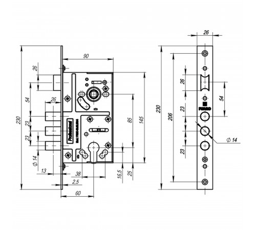 Корпус врезного замка c защёлкой MDV10/C-60.85.3R14