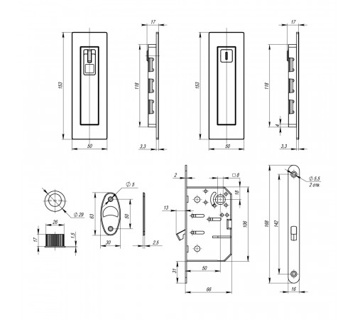 Защелка с ручками для раздвижных дверей SH.URB153.KIT011-BK (SH011 URB) SN-3 матовый никель