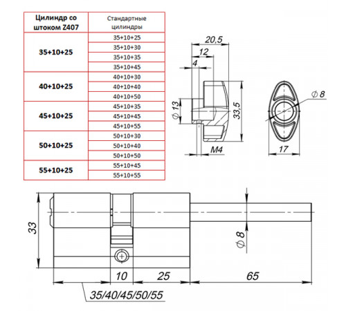 Цилиндровый механизм (Z407/80) Z4007Tang80(45+10+25) со штоком CP хром