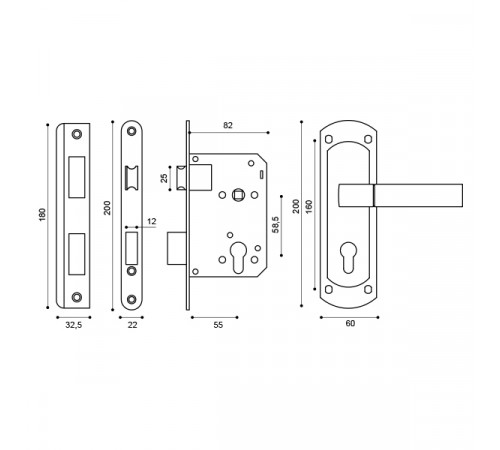 Корпус замка с ручкой LOCKSET25.ORION.5558-1 (KIT P25 5558 ORION) SN/CP мат.никель/хром