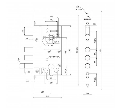 Корпус врезного замка c защёлкой MDV811/C-60.85.3R14