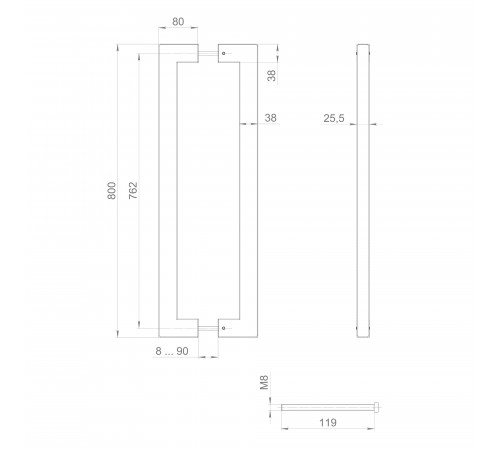 Ручка-скоба PULL.PH38/800.26 INOX 304 (PH-26-38/800-INOX) BLACK
