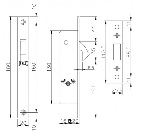 Замок врезной крестообразный узкопрофильный 201F (20 mm) (никель), 3 кл.