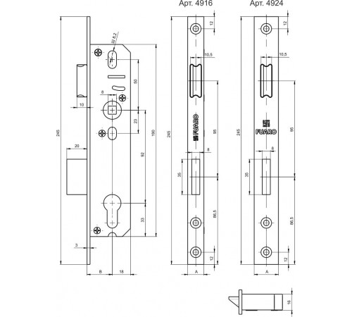 Корпус узкопрофильного замка с защелкой PROF4924-35/92 CP хром