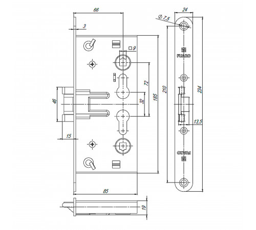 Корпус врезного замка c защёлкой FP.C-65.72-0432 (FL-0432)