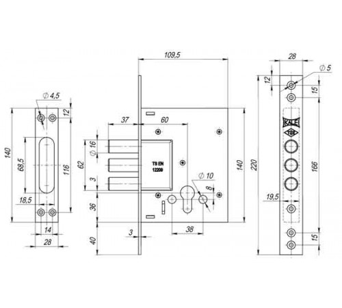 Корпус врезного цилиндрового замка 257 w/b (тех. комплектация)