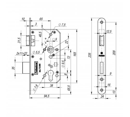 Корпус врезного замка c защёлкой FP.C-65.72-0434 (FL-0434)