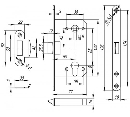 Корпус врезного замка c защёлкой PLASTP85C-50 (P85C-50) GP латунь